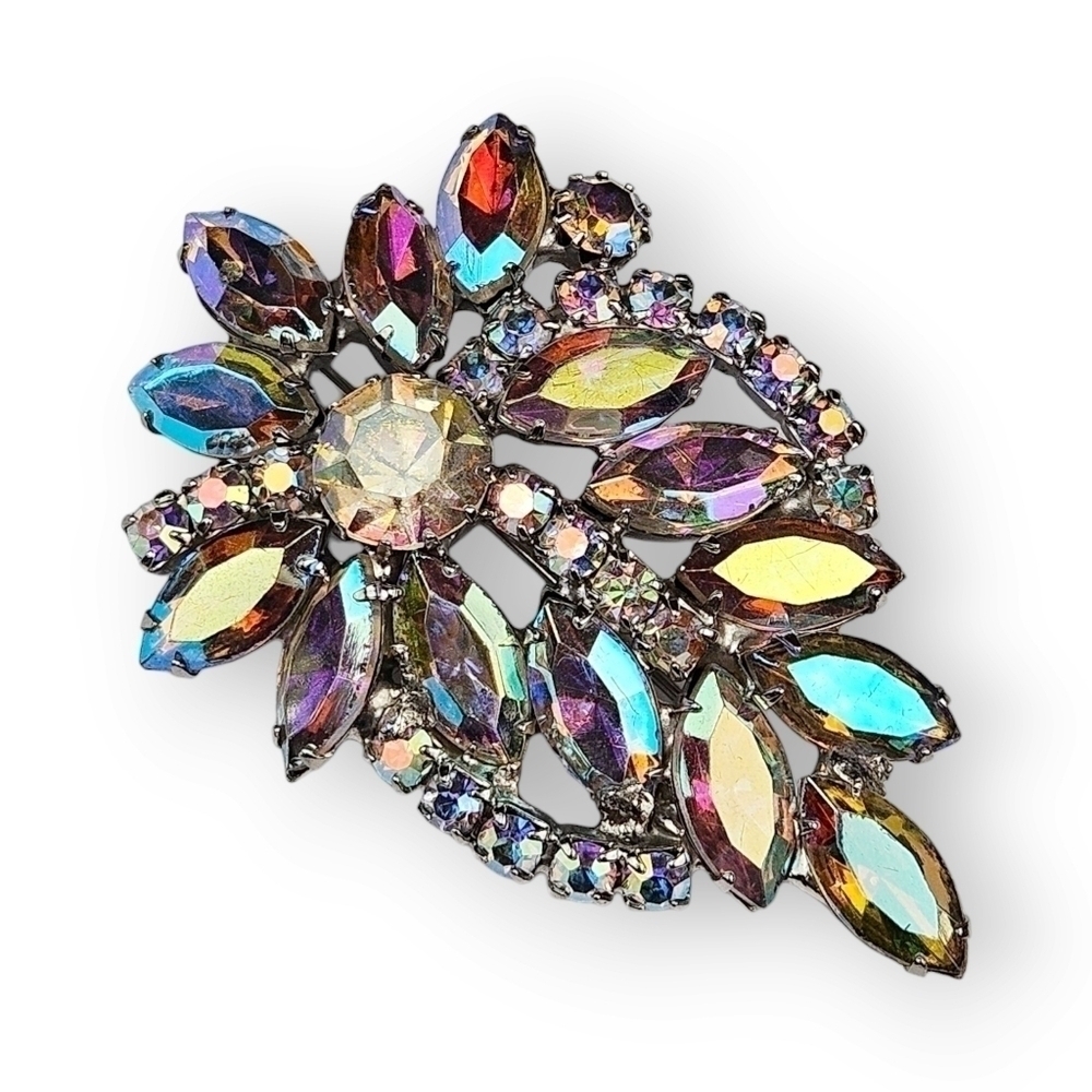 Weiss Aurora Borealis Rhinestone Flower Spray Brooch AB Navettes Vintage 2.75"
